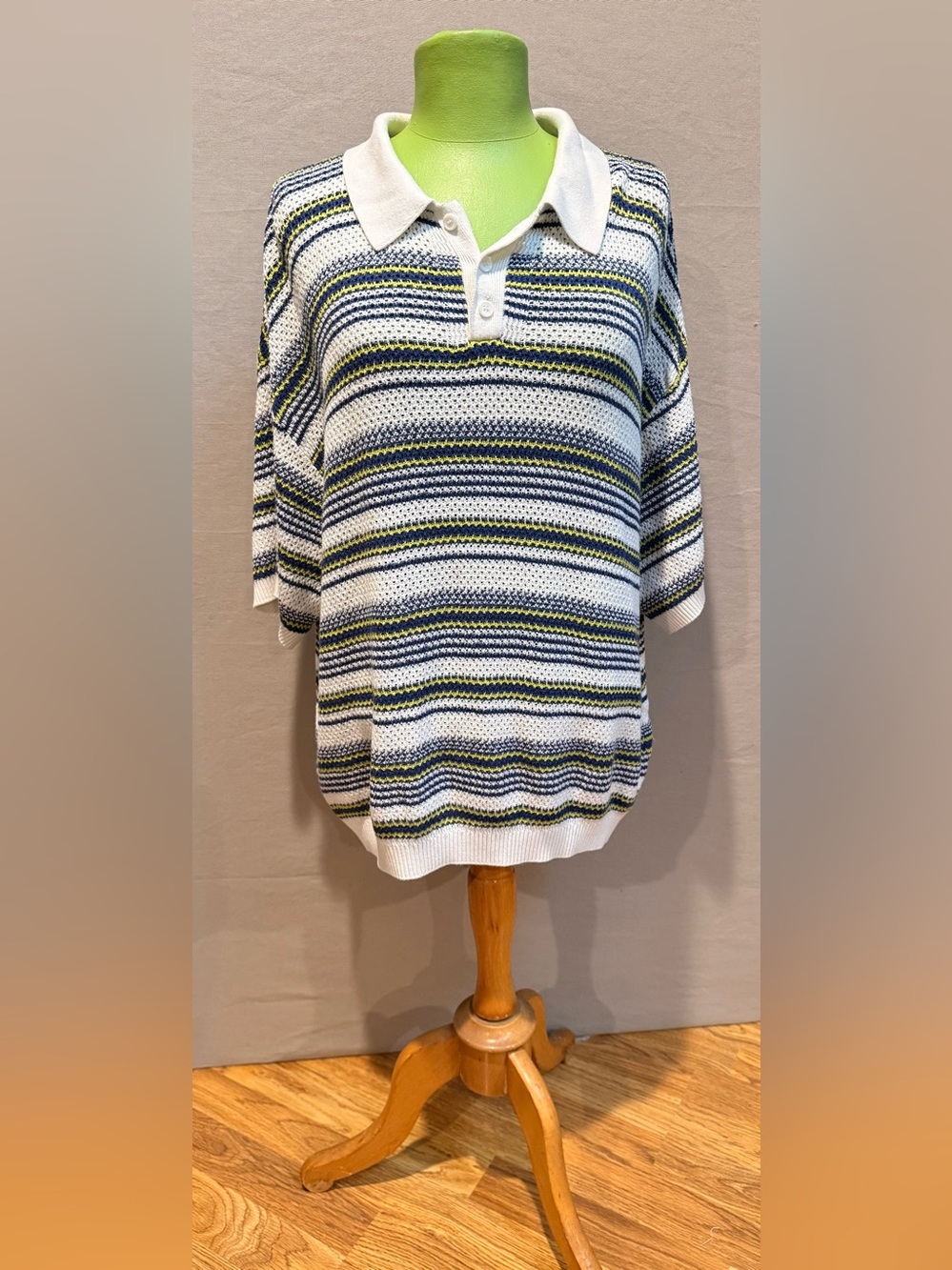 Urban Outfitters White, Navy & Lime Striped Knit Polo